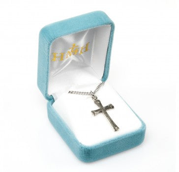 SS Rhodium Plated Cross w/Flowered Tips-18" Chain