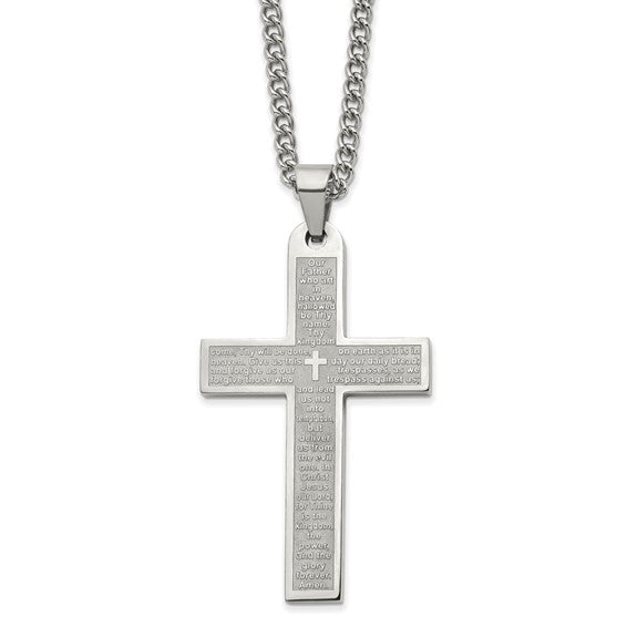 Stainless Steel Polished Lord's Prayer Cross Pendant w/ 24" Curb Chain