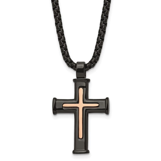 Stainless Steel Polished Black and Rose Cross w/ 24" Box Chain