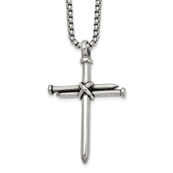Stainless Steel Polished Cross of Nails w/ 22" Box Chain