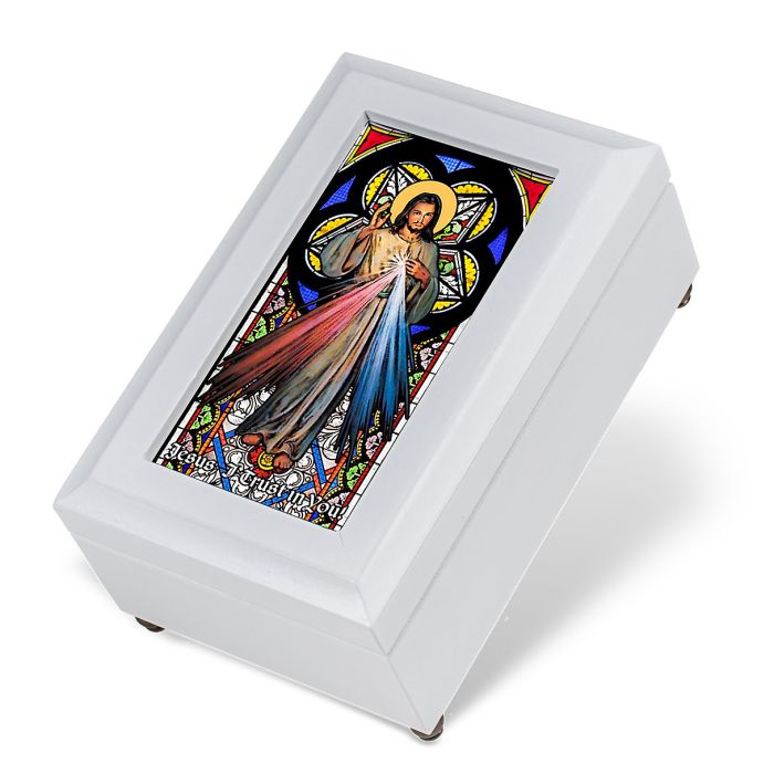 White Divine Mercy Stained Glass Music Box
