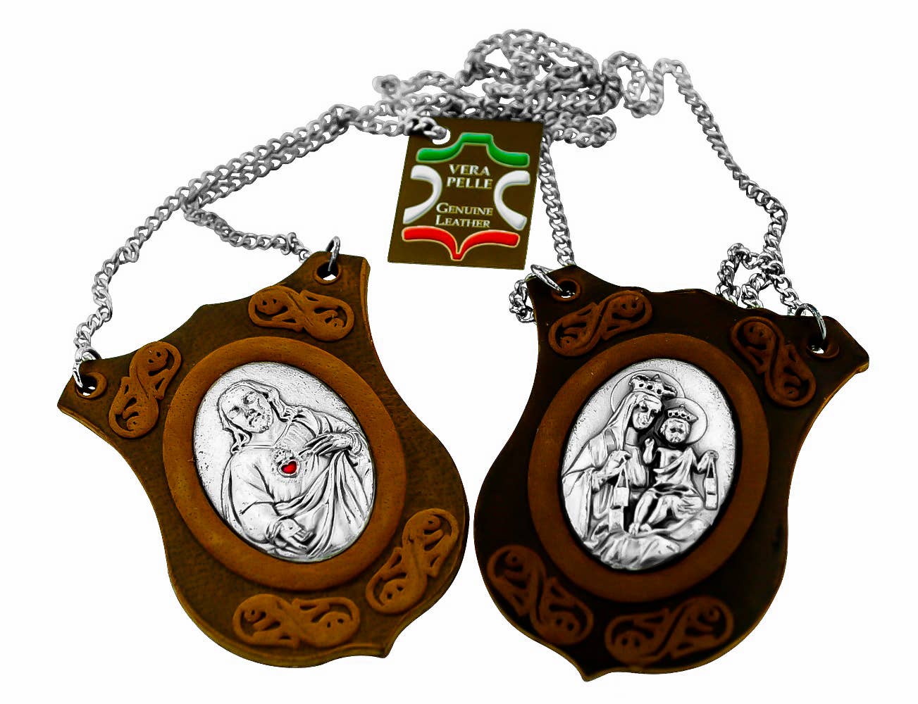 17" Genuine Leather Scapular with Traditional Brown