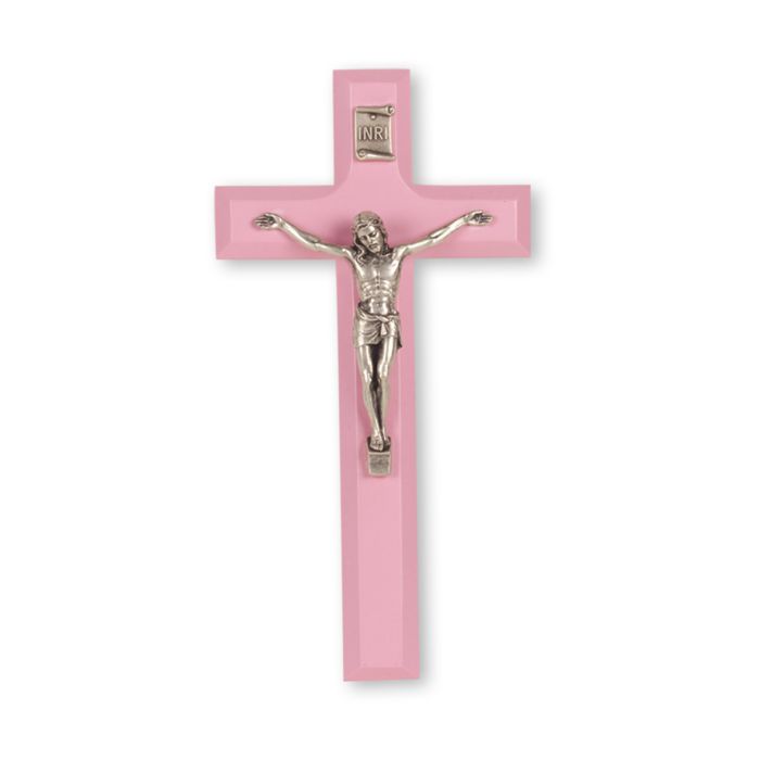 7" Pink Wood Cross with Antiqued Silver Finish Corpus