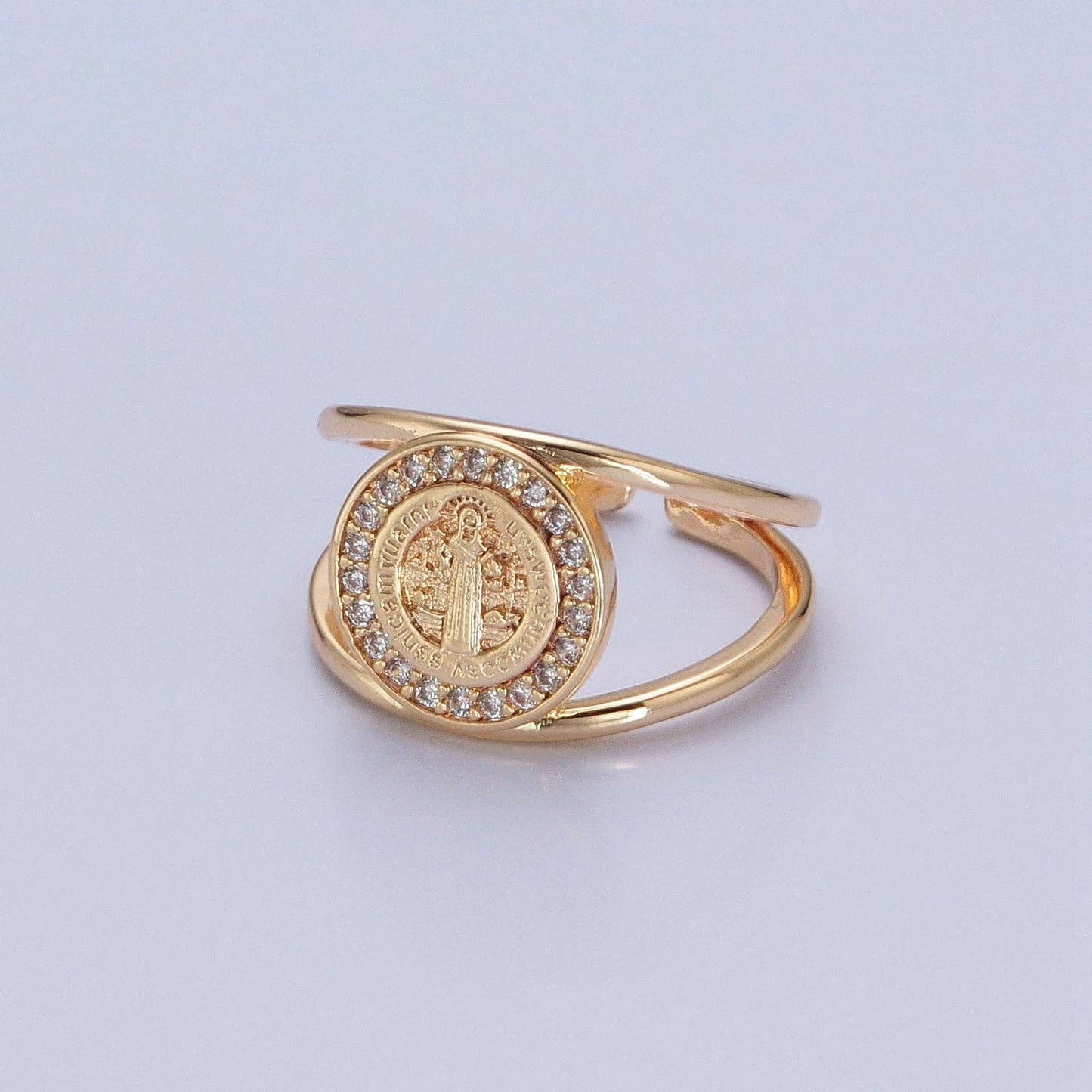 Saint Benedict Ring Gold Statement Religious Jewelry Open Adjustable Ring O-746
