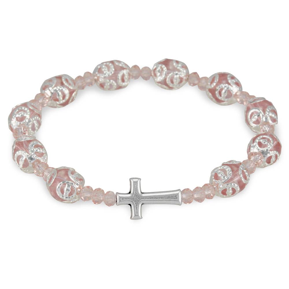Pink Rosary Bracelet Glass Capped Filigree Beads