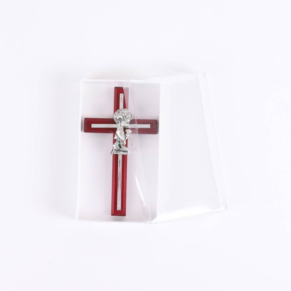 Wall Cross - Cherry Wood with Stainless Steel - Praying Boy