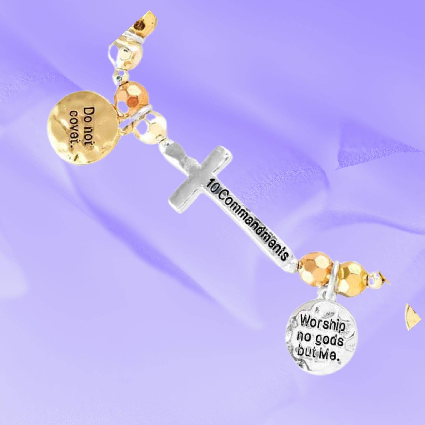 STRETCH BRACELET 10 COMMANDMENTS SIDEWAY CROSS 3 TONE