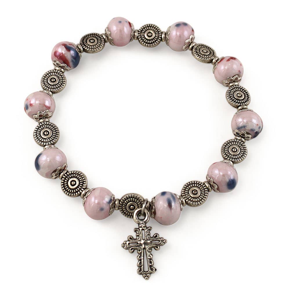 Pink Rosary Bracelets with Mosaic Glass Beads