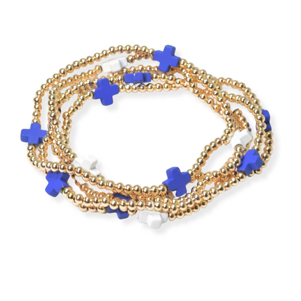 Multi layered gold bead stretch bracelet with cross accent n
