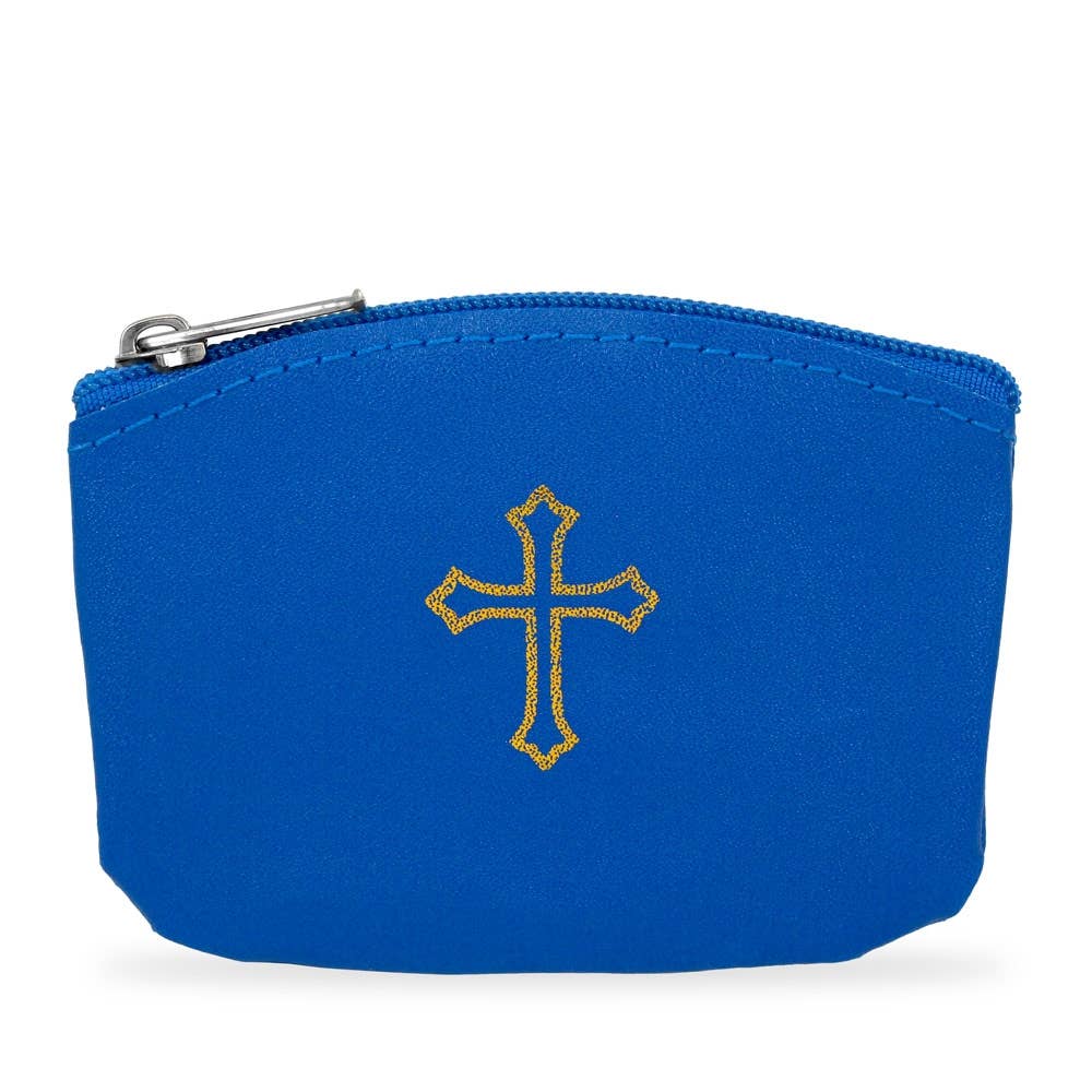 Blue Rosary Pouch with Zipper and Gold Cross Imprint