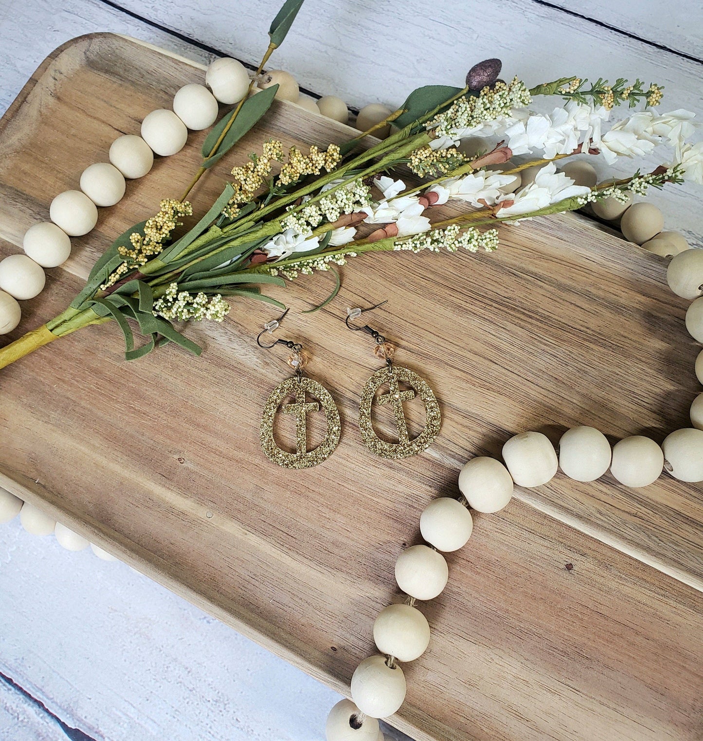 Gold Glitter Circle Cross Earrings