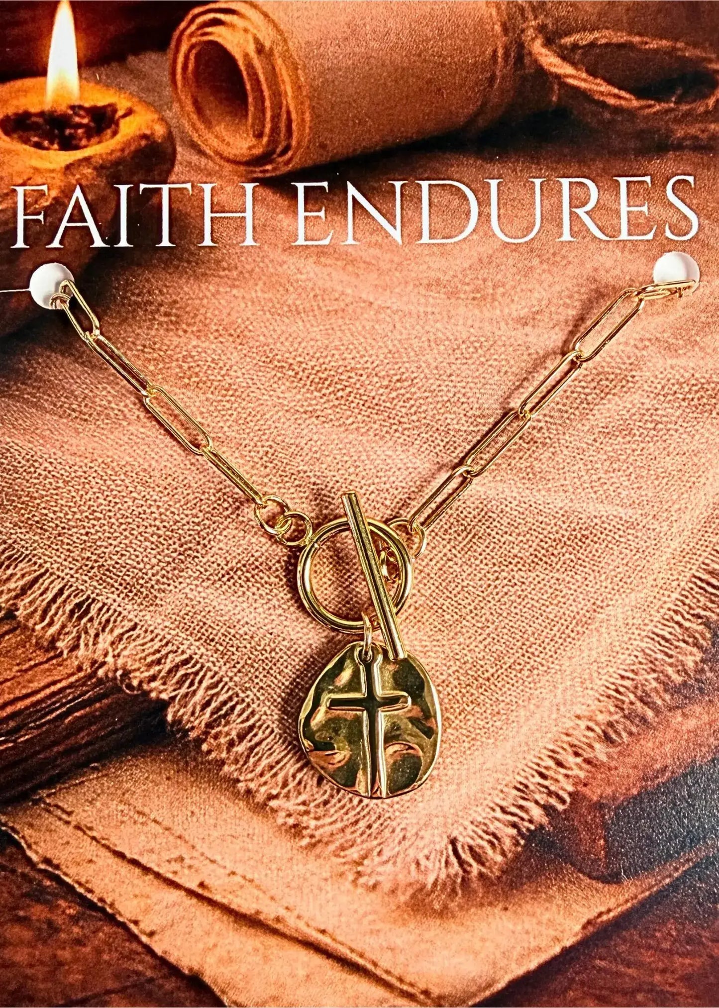 Faith Endures Cross Necklace – Gold Paperclip Chain 18"