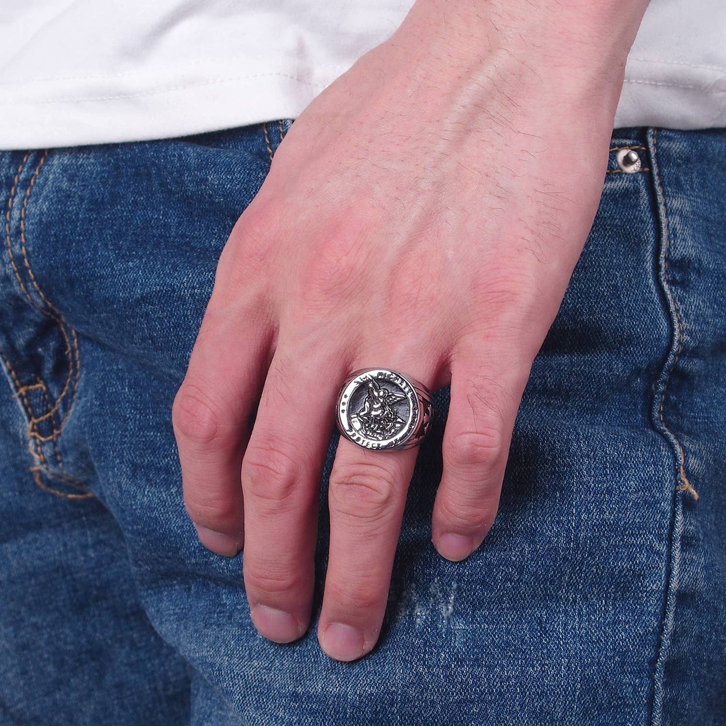 Gold/Silver Religious St. Michael Signet Ring for Men