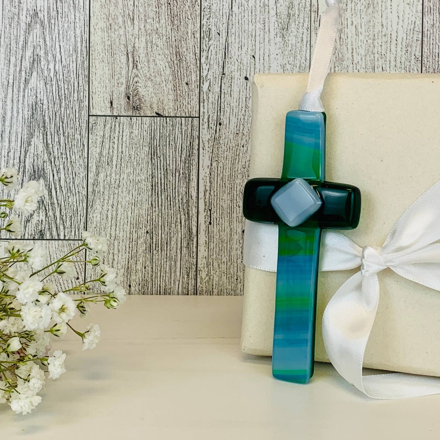 Merry Christmas Christian Gift USA Handmade Glass Cross 4475
