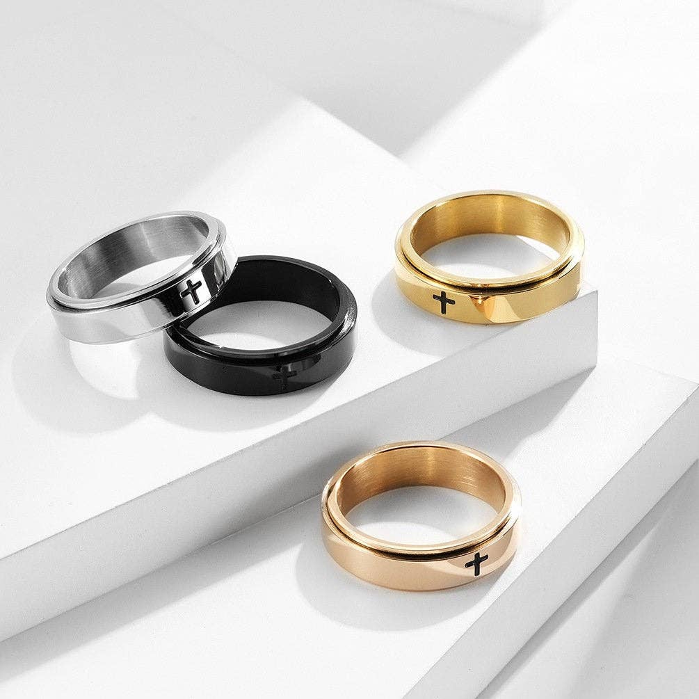 Cross Anxiety Fidget Spinner Band Ring in Stainless Steel