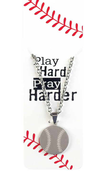 NECKLACE BASEBALL PRAY HARD SSTL 24"