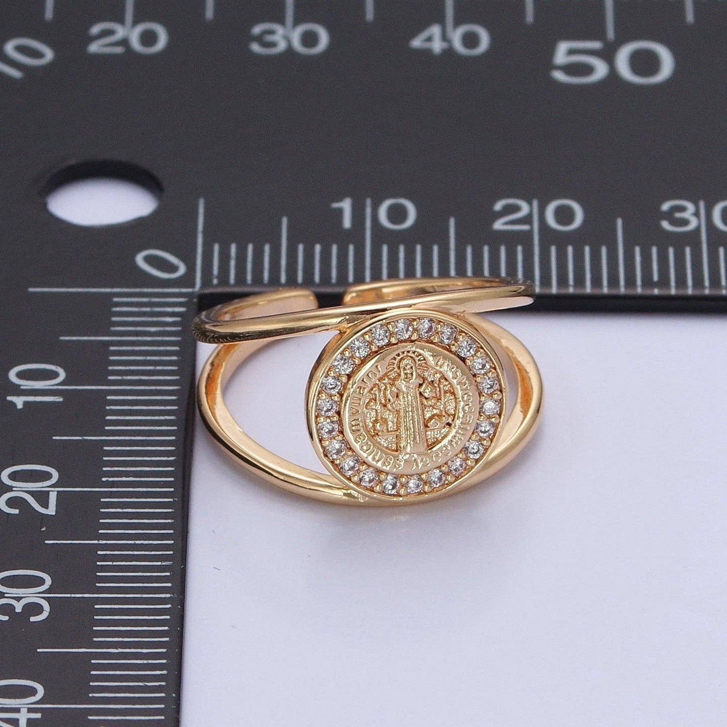 Saint Benedict Ring Gold Statement Religious Jewelry Open Adjustable Ring O-746