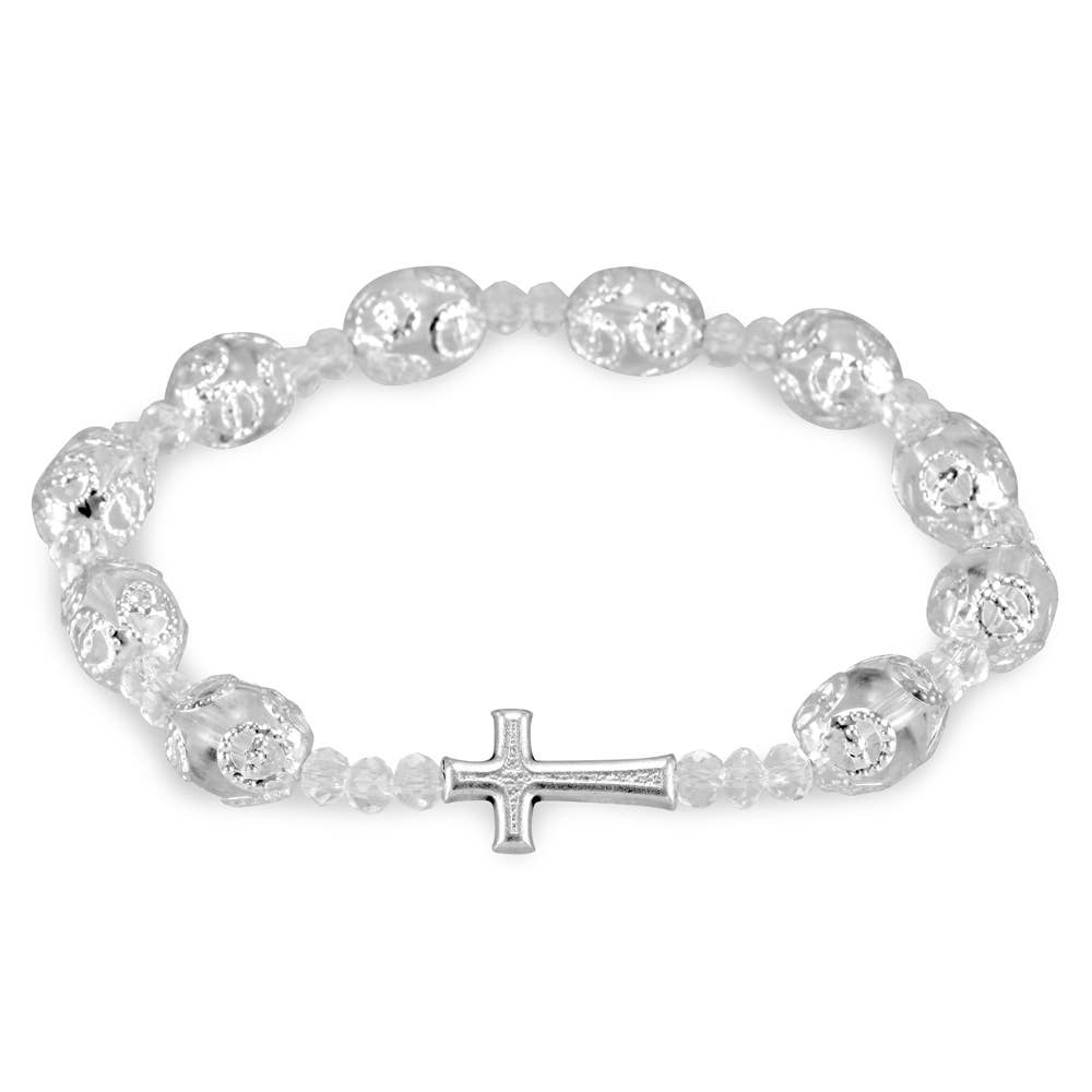 Rosary Bracelet White Glass Capped Filigree Beads