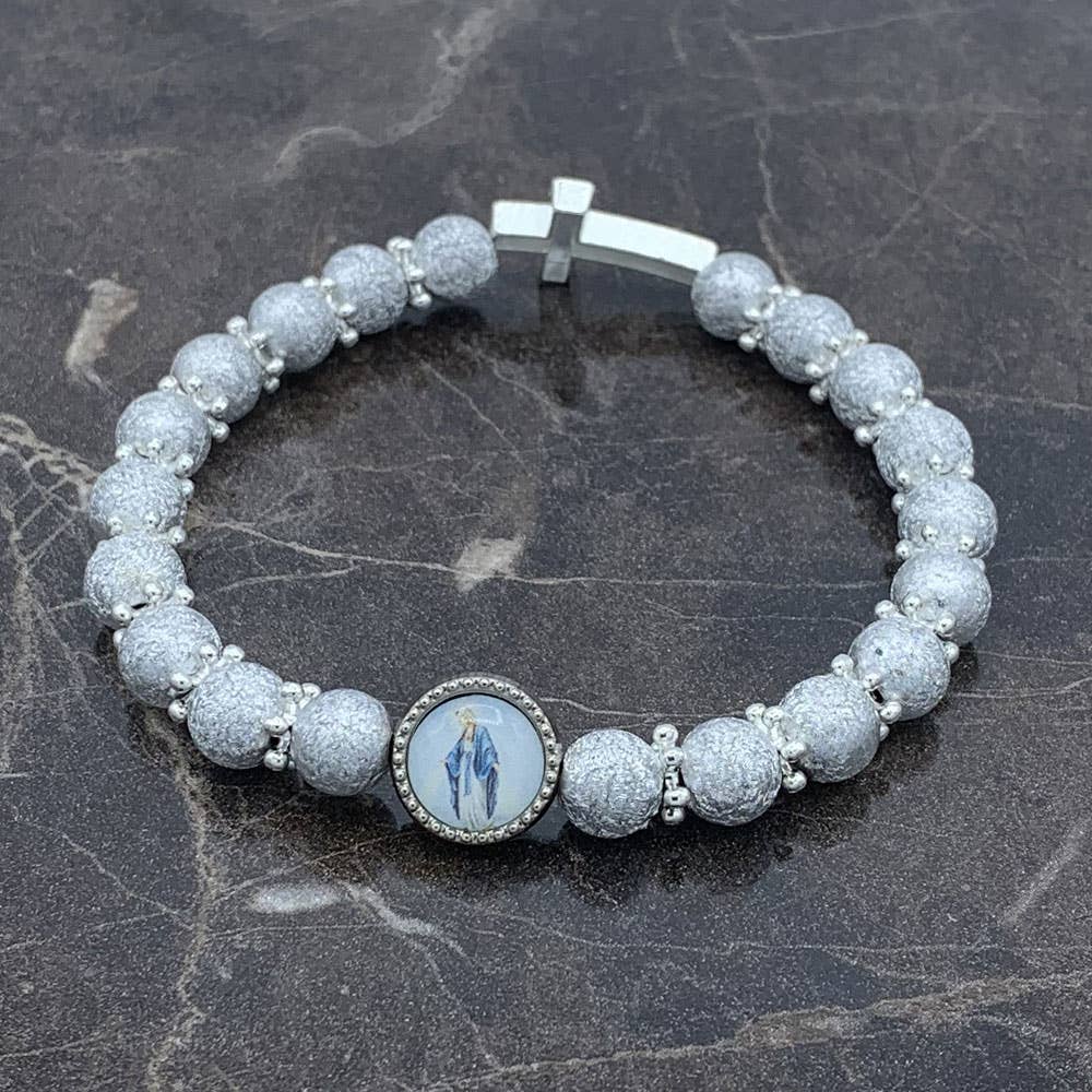 Rosary Bracelet Sparkling Silver Finish Beads Miracle Medal