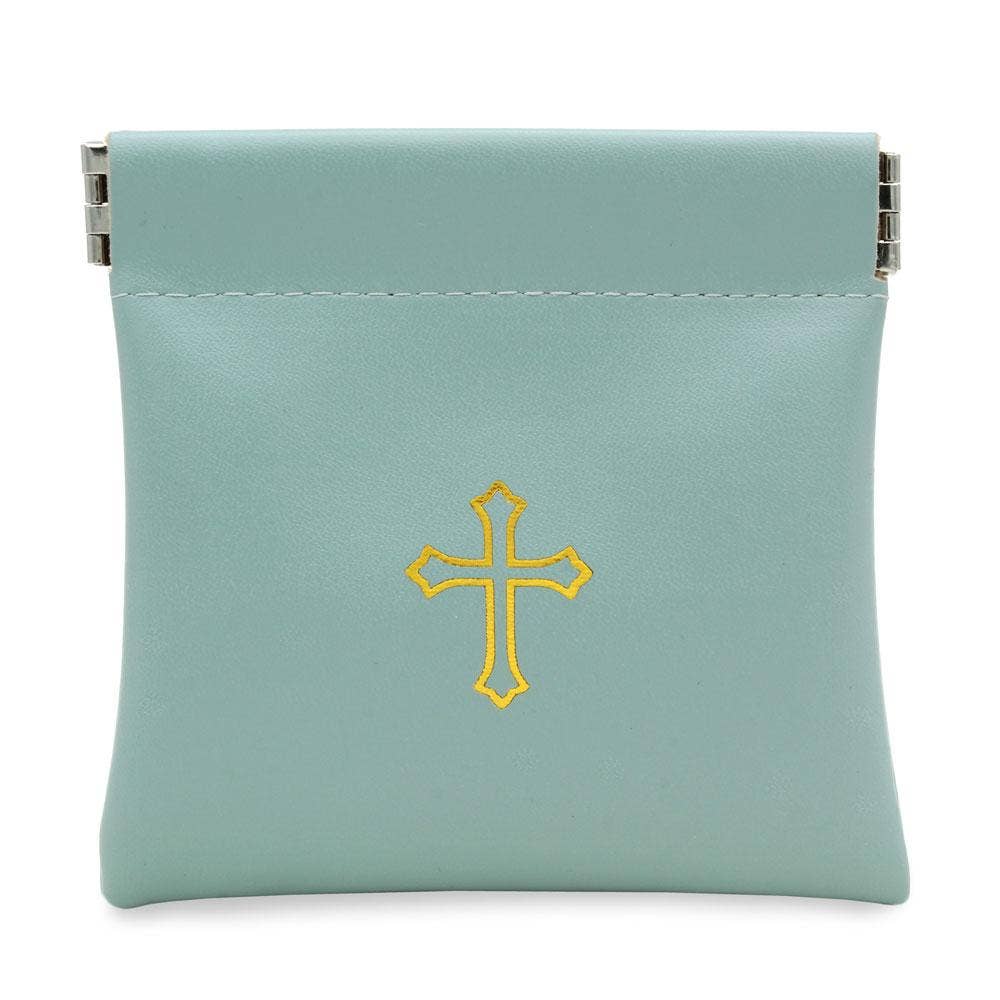 Squeeze Top Rosary Pouch Green Faux Leather w/Cross Imprint
