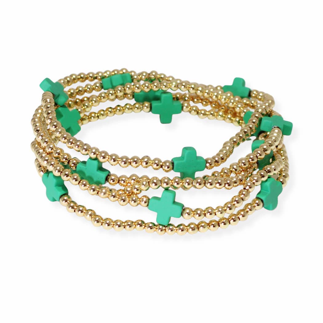 Multi layered gold bead stretch bracelet with cross accent n