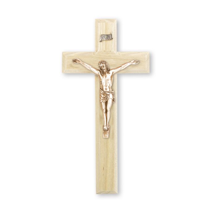 10" Oak Wood Cross with Museum Gold Finish Corpus