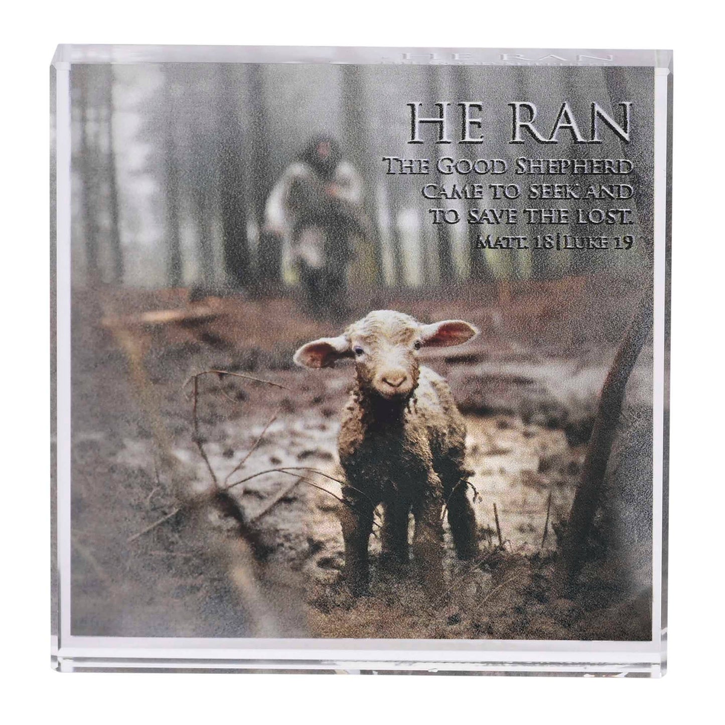 Tabletop Glass Plaque Lamb He Ran 3x3