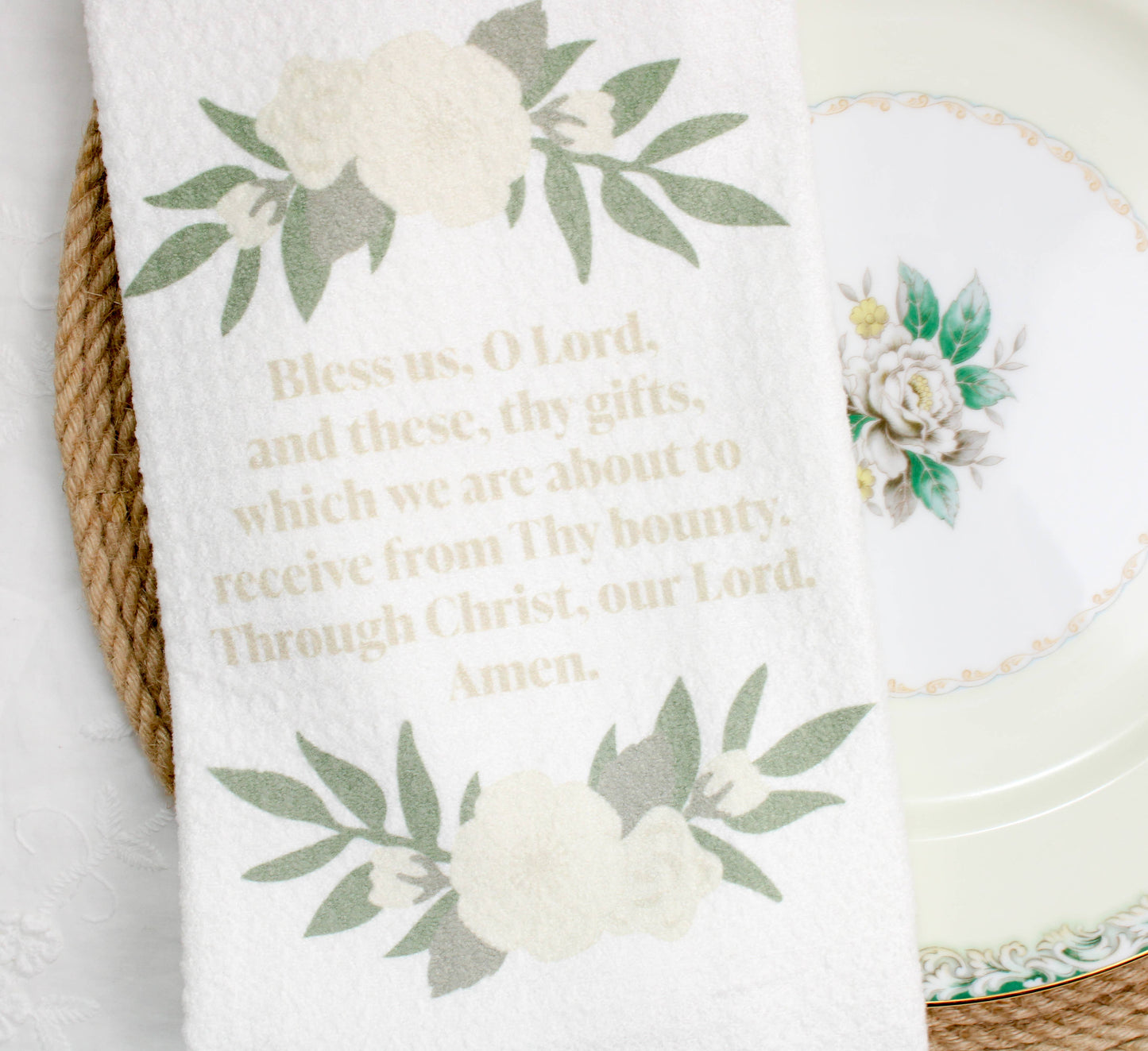 Bless Us Oh Lord Tea Towel, Catholic Prayer Home Decor