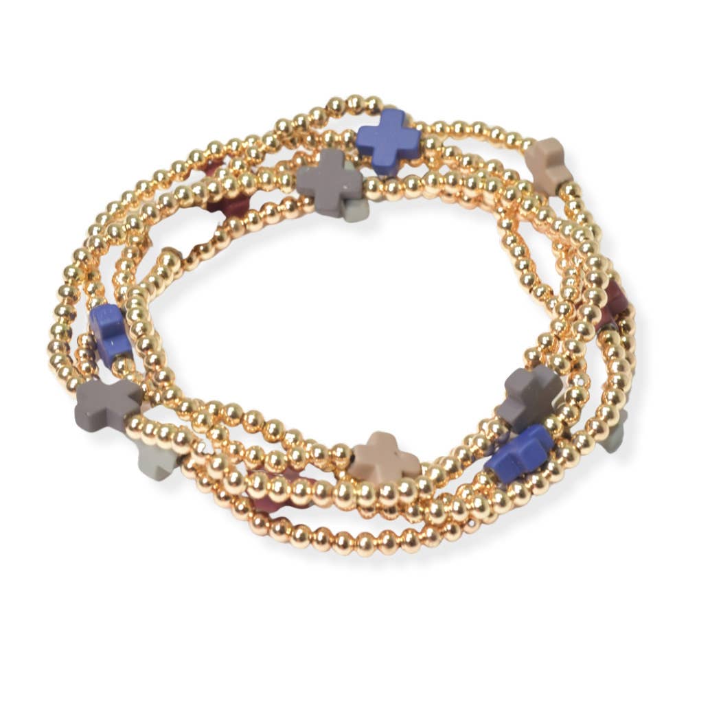 Multi layered gold bead stretch bracelet with cross accent n
