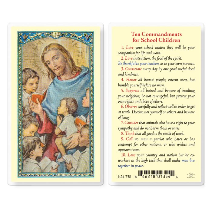 Holy Card - Laminated - Ten Commandments for School Kids