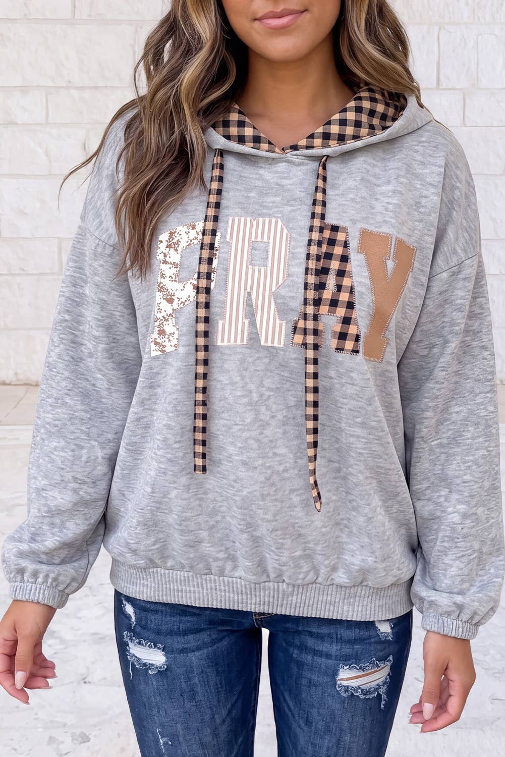 PRAY Letter Graphic Plaid Contrast Drawstring Hoodie