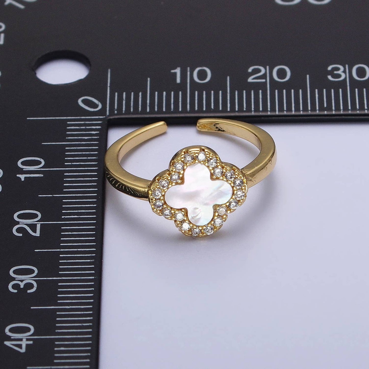 Dainty Pearl Clover Floral Micro Pave Gold Quatrefoil Ring