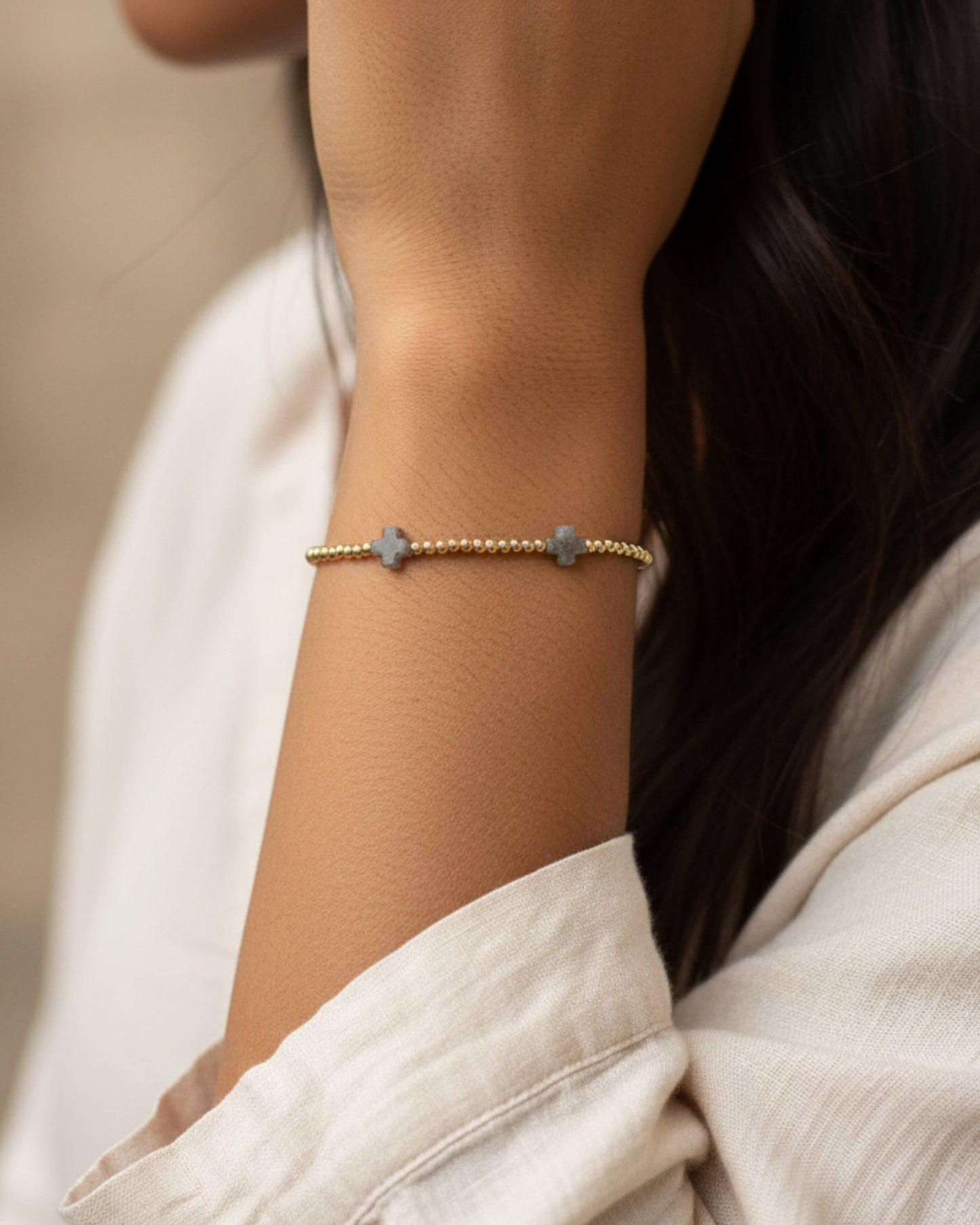 Faith Over Fear Labradorite Gemstone Cross Beaded Bracelet