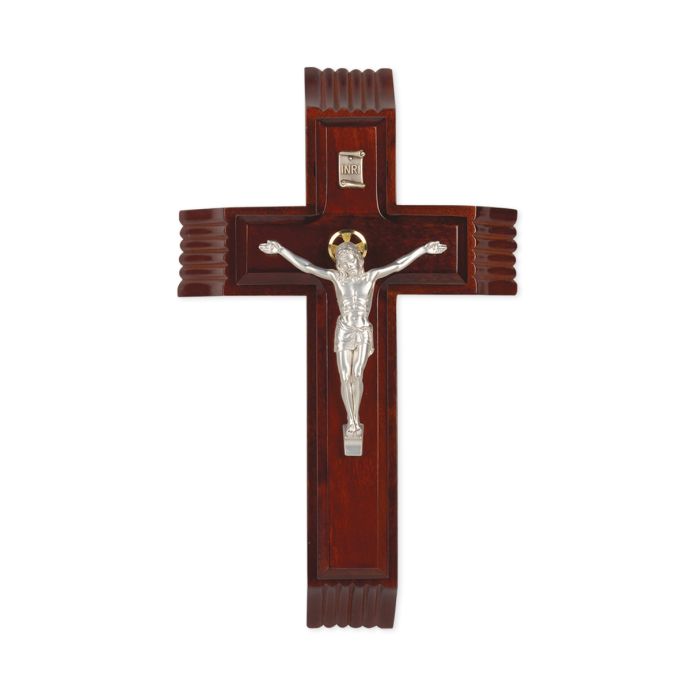 10" Dark Cherry Sick Call Crucifix with Silver Finish Italian Salerni Corpus