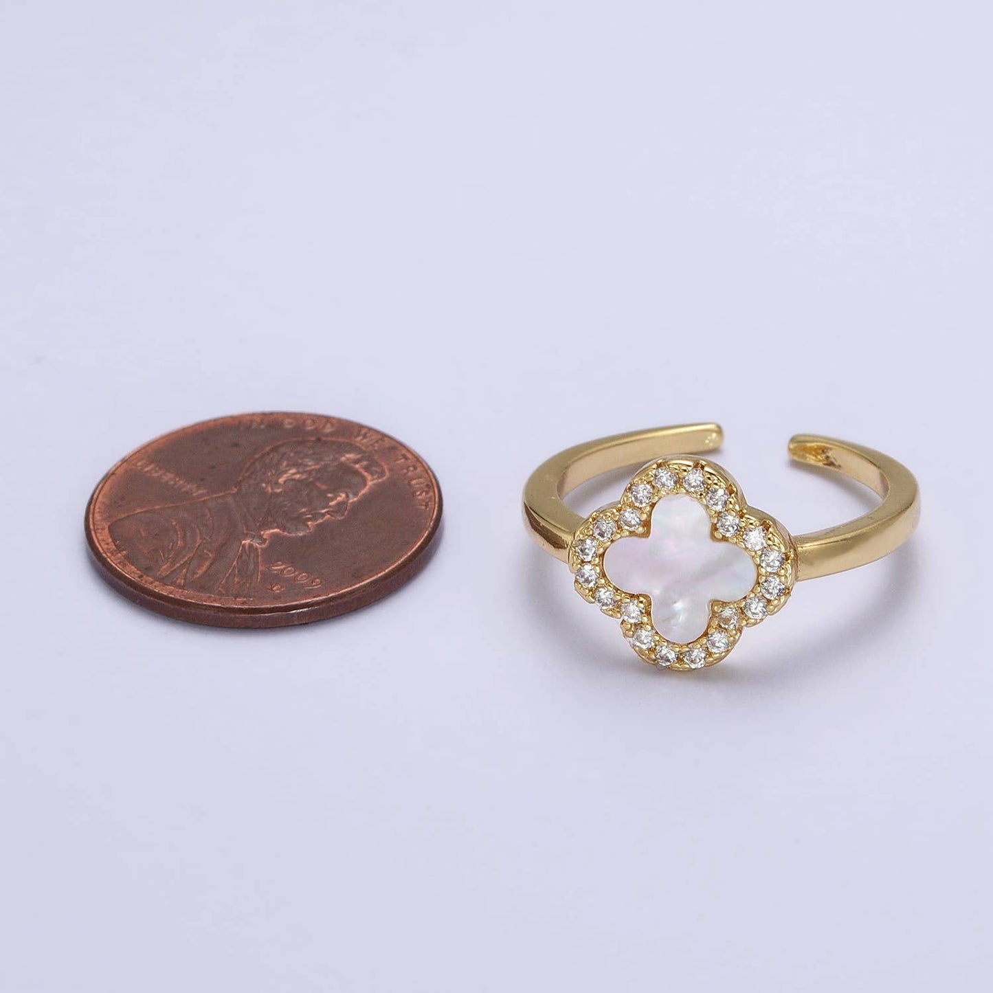 Dainty Pearl Clover Floral Micro Pave Gold Quatrefoil Ring