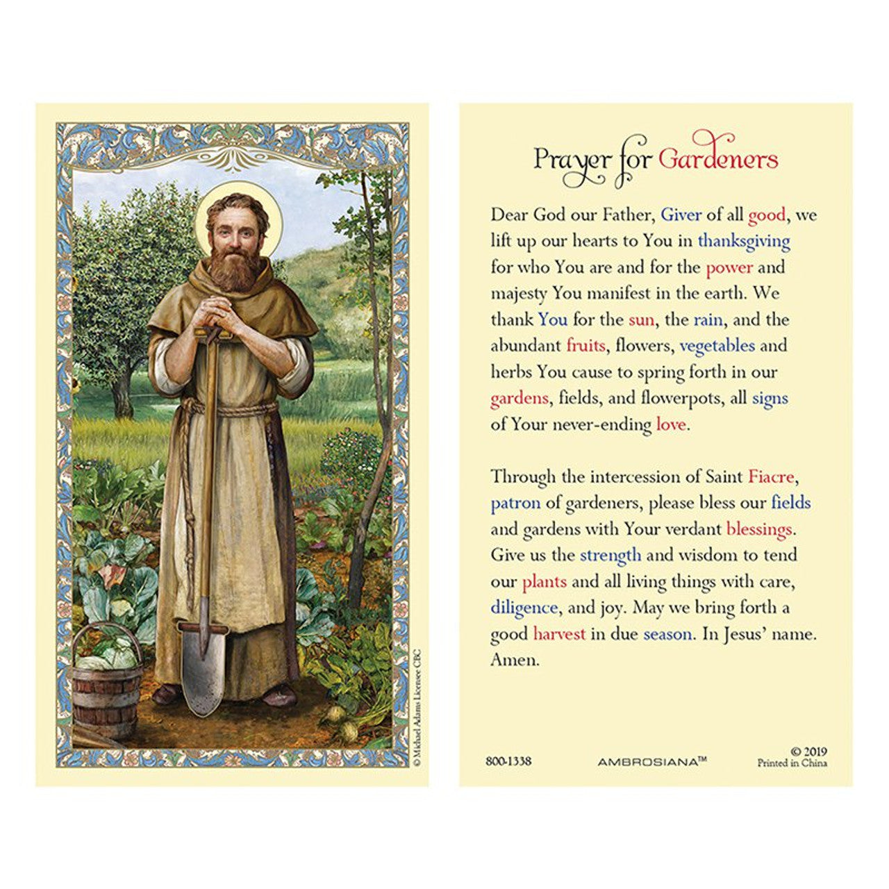 Holy Card - Laminated - Prayer For Gardeners St. Fiacre
