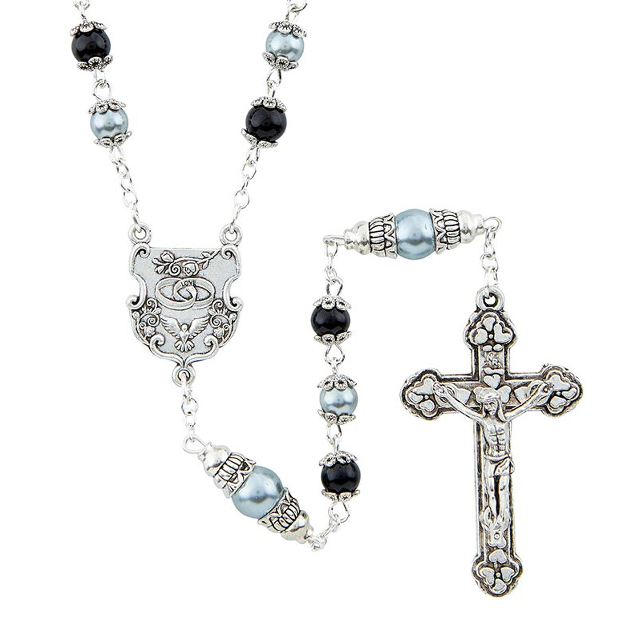 Intertwining Wedding Rosary - Silver with blue and black beads