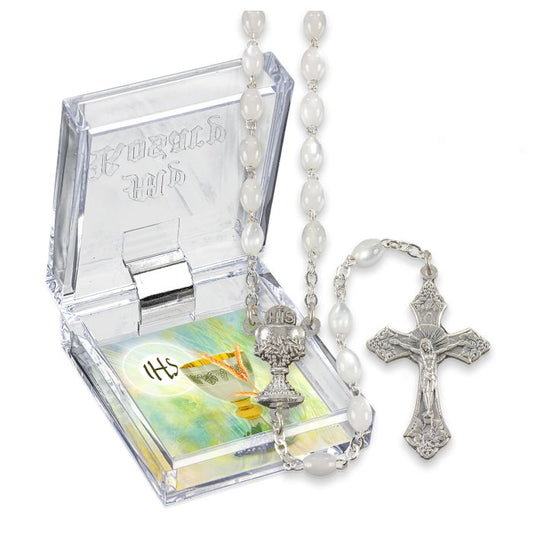 White Pearl Bead Communion Rosary, Boxed