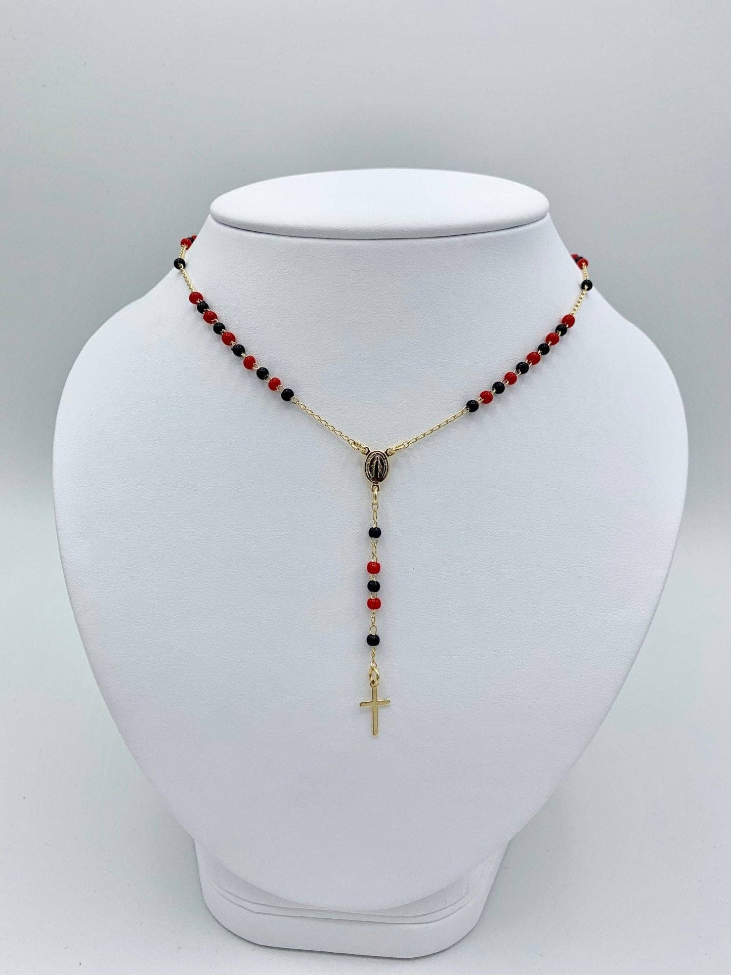 Gold-Plated Tiny Black & Red Beads Our Lady of Grace Necklace 16-inch