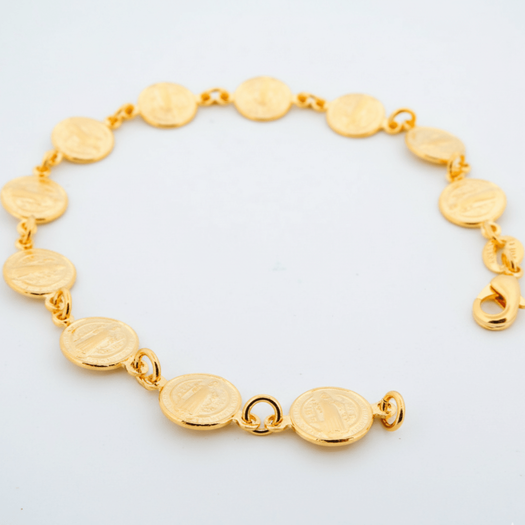 Gold-Plated St Benedict Coins Bracelet 7.5-inch
