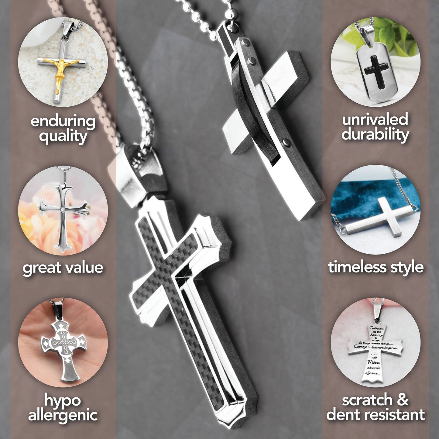 Men's Stainless Steel Cross Necklace with Carbon Fiber Inlay