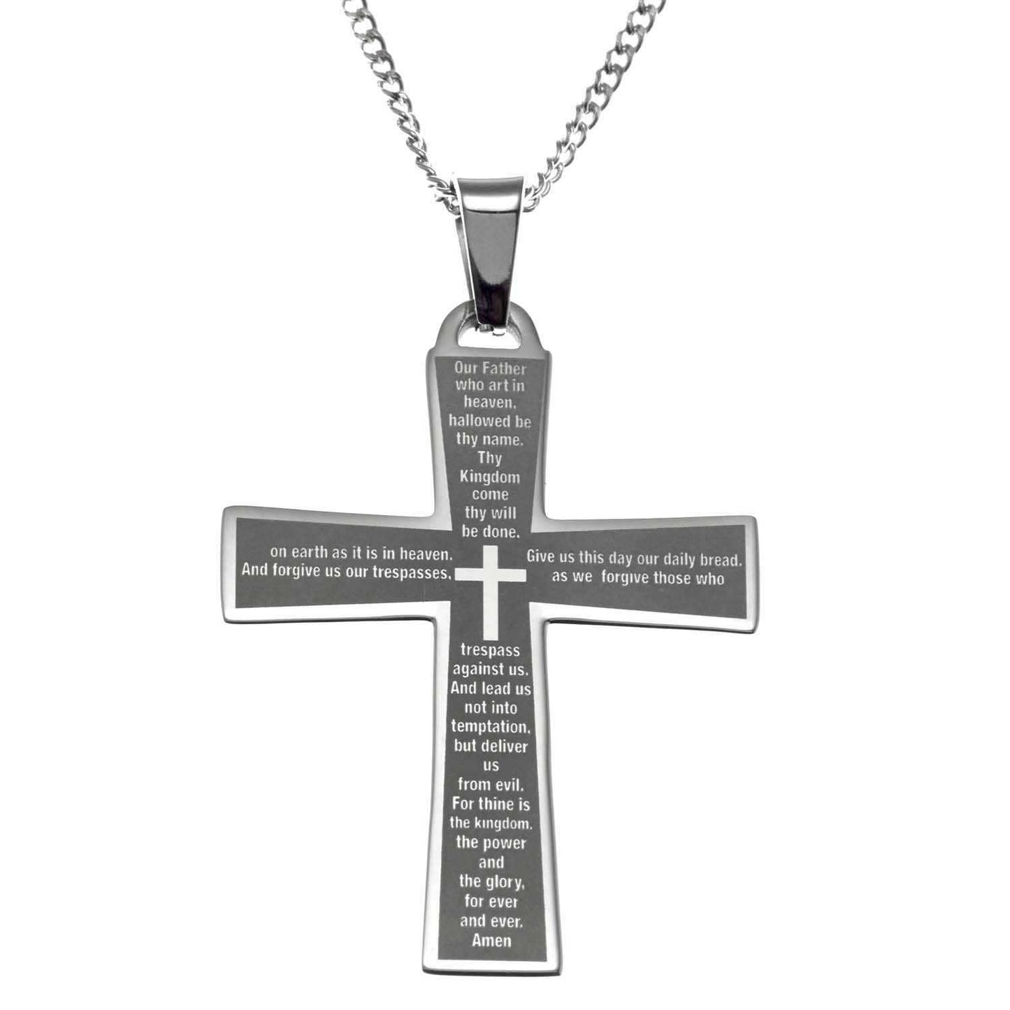 Stainless Steel Lord's Prayer Cross Necklace Women or Men