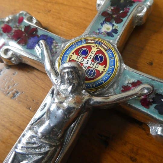 Baroque Wall Small Crucifix w/ Pressed Flowers & St. Benedict Medal 7.5"