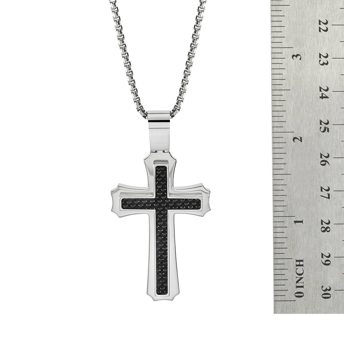 Men's Stainless Steel Cross Necklace with Carbon Fiber Inlay