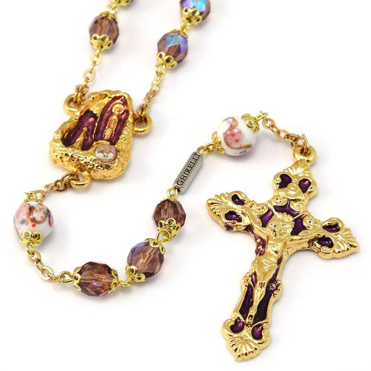 Lourdes Grotto Bohemian Glass & Gold Rosary