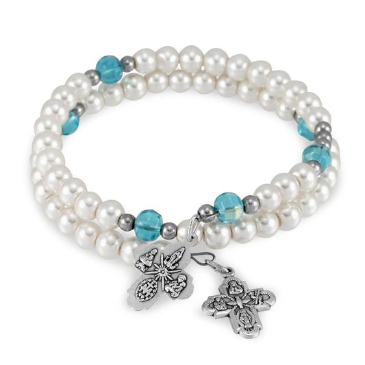 Wrap Around Rosary Bracelet White Glass Pearl Beads