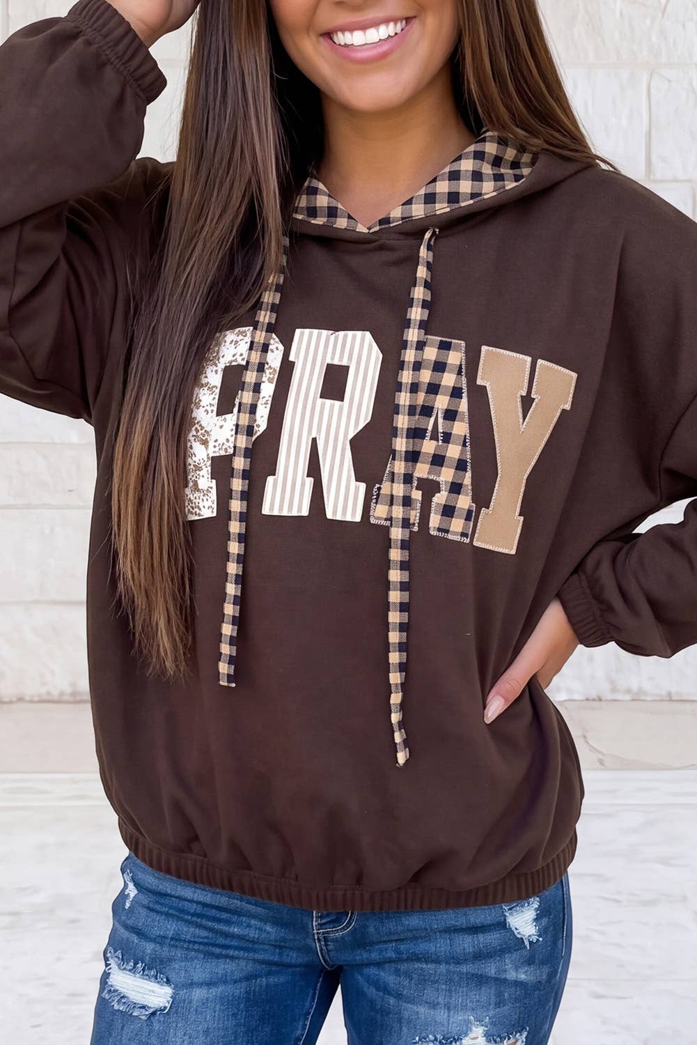 PRAY Letter Graphic Plaid Contrast Drawstring Hoodie