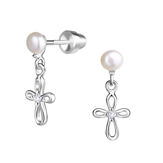 Sterling Silver Pearl Cross Baptism/First Communion Earrings