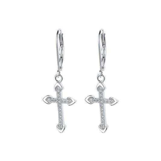 Amy and Annette 18K White Gold Leverback Cross Earrings with crystals from Swarovski