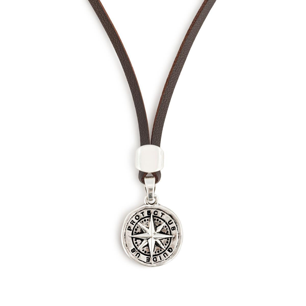 Men's Compass Brown Leather Necklace